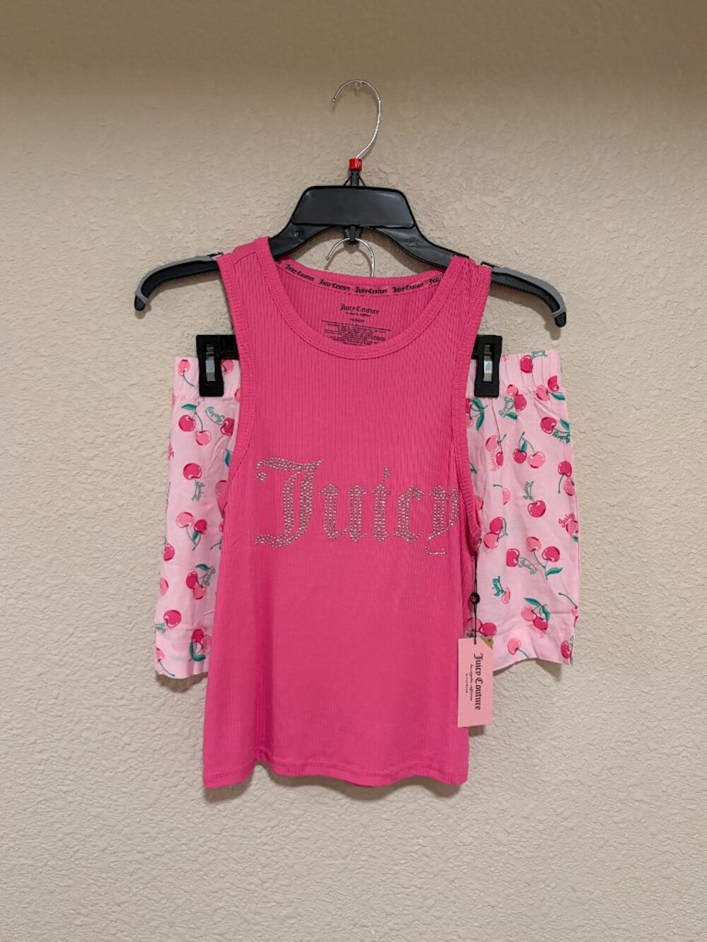 Juicy Couture Cherry Pajama Set Rhinestone Tank Pink Shorts XL NWT